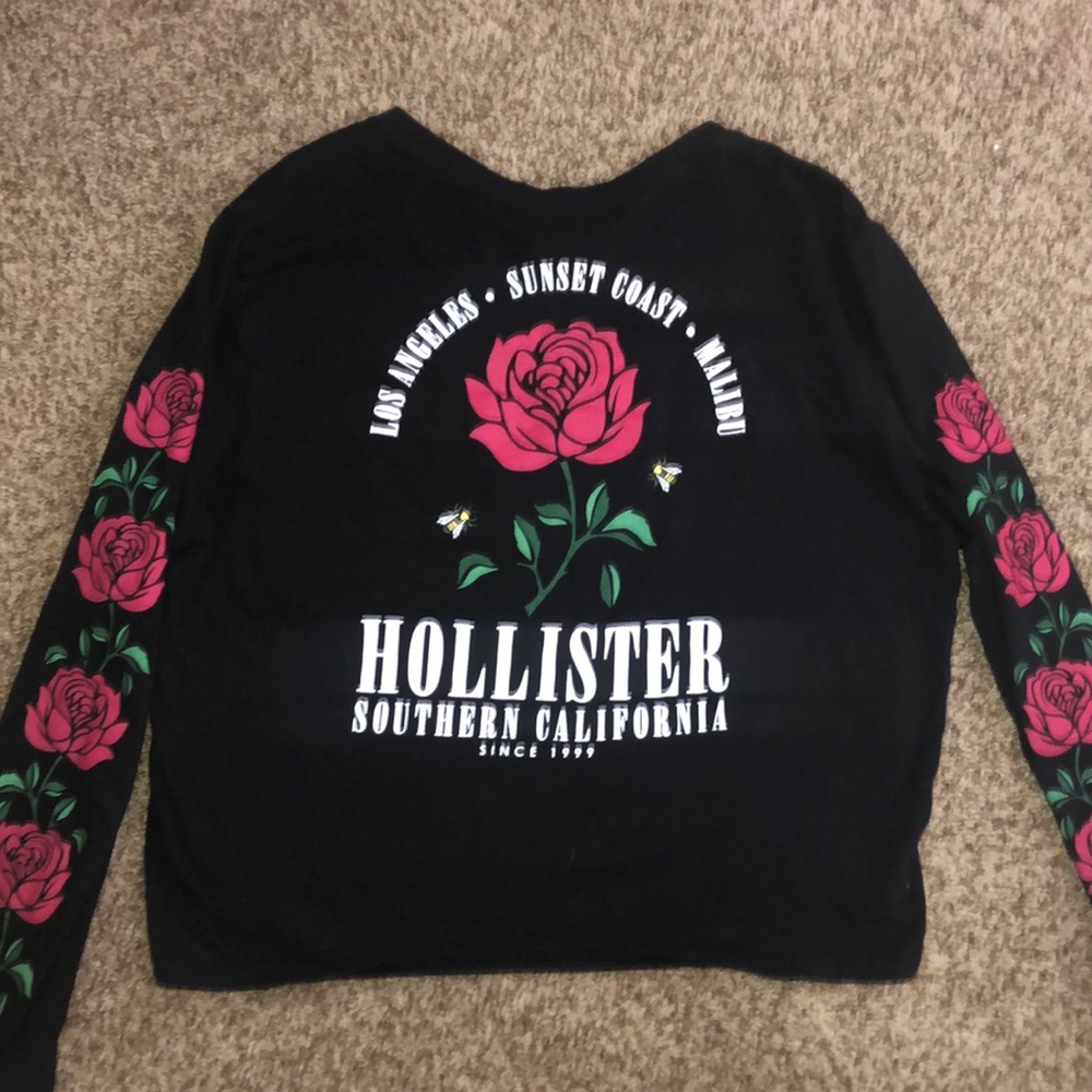 Hollister Black Long Sleeve Cropped Tee with Roses